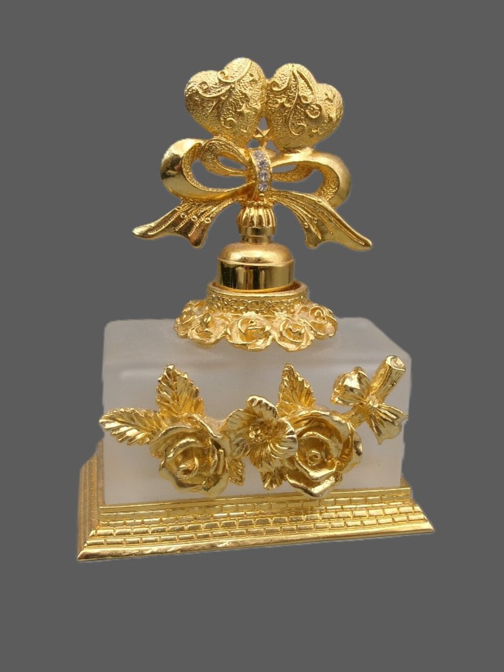 Stylebuilt Gold Ormolu Perfume Bottle, Hearts Roses Frosted Glass, Vtg Vanity